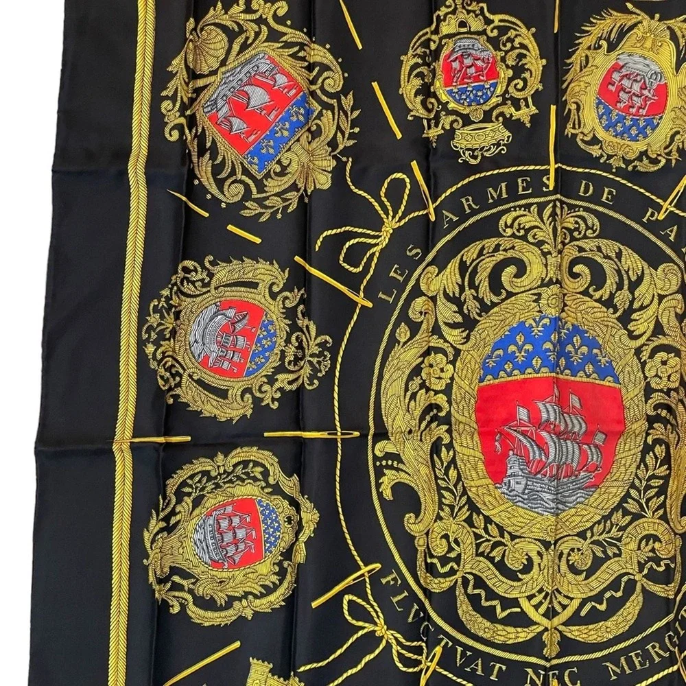 Hermes Les Armes de Paris Silk Scarf Womens Black Gold Coat of Arms Authentic